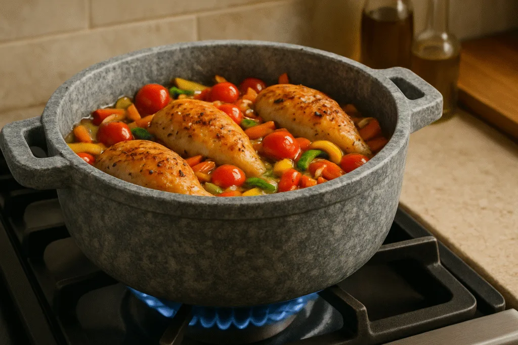 Frango com legumes na panela de pedra