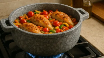 Frango com legumes na panela de pedra