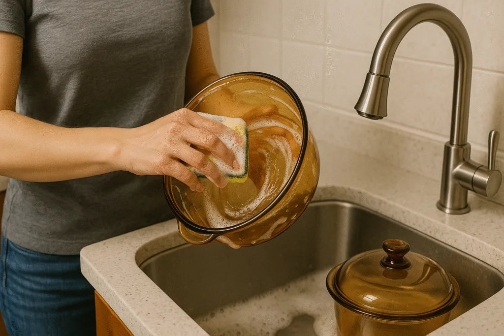 Lavando a panela de vidro âmbar