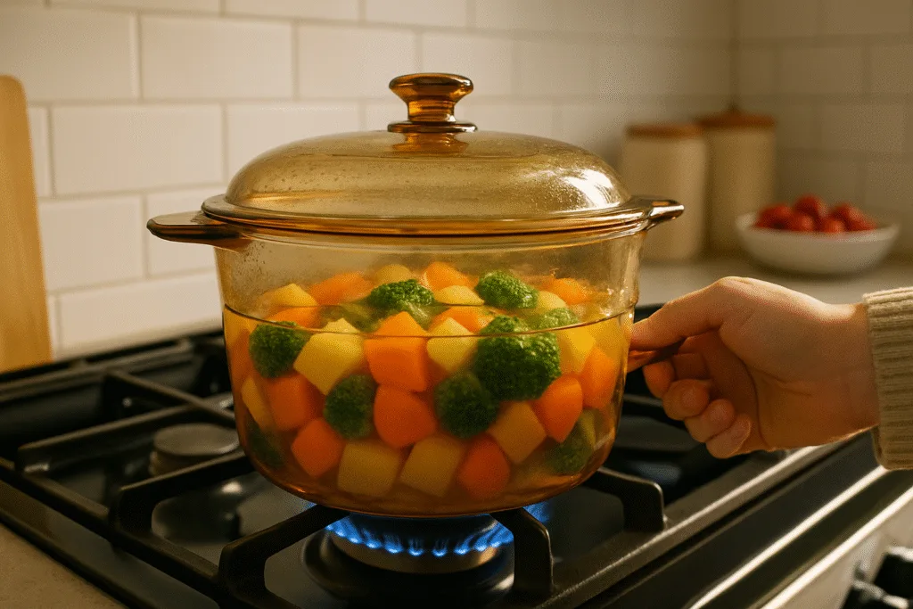 Sopa caseira no fogão preto panela de vidro