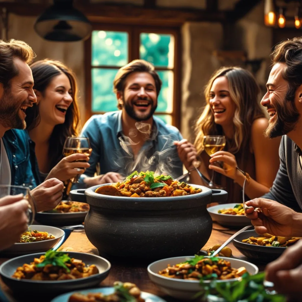 Uma cena de jantar com amigos desfrutando de uma refeição preparada em uma panela de pedra sabão