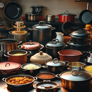 uma bancada de cozinha com uma variedade grande de panelas e utensílios de cozinha