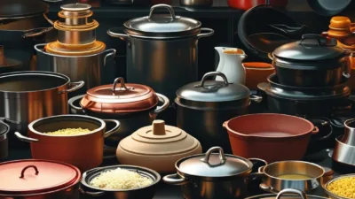 uma bancada de cozinha com uma variedade grande de panelas e utensílios de cozinha