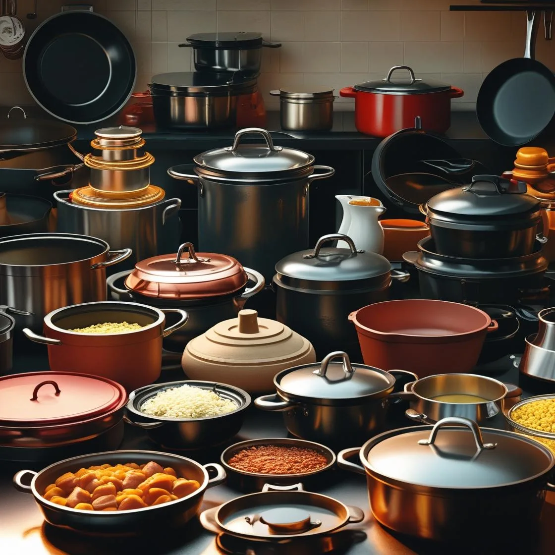 uma bancada de cozinha com uma variedade grande de panelas e utensílios de cozinha
